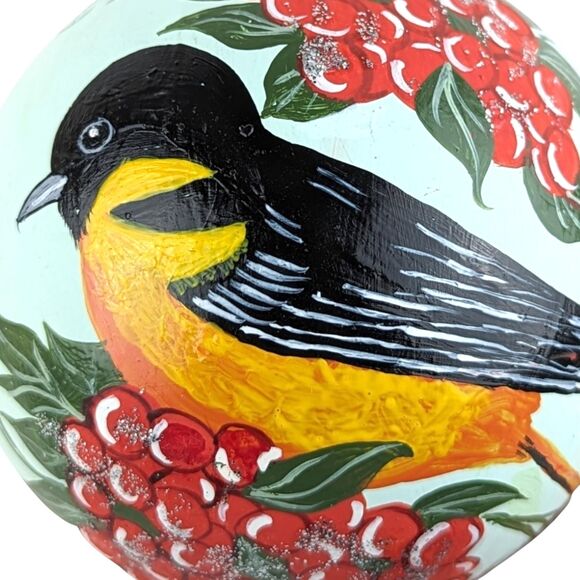 Vintage Hand Painted Glass Bird Ornament: Baltimore Oriole & Red Berries - Picture 5 of 5